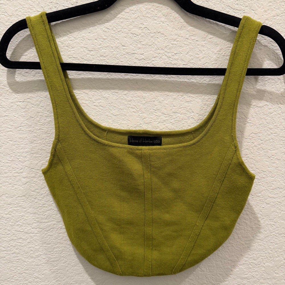 House of Harlow 1960 Olive Green Knit Corset Crop Top Scoop Neck Small